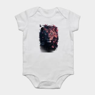 highly detailed and vibrant portrait of a lion’s head adorned with flowers and butterflies against a dark background, creating a striking contrast Baby Bodysuit